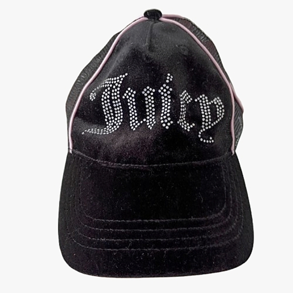 Juicy Couture Y2K Black Velvet Rhinestones Adjustable Trucker Hat OS Bling
